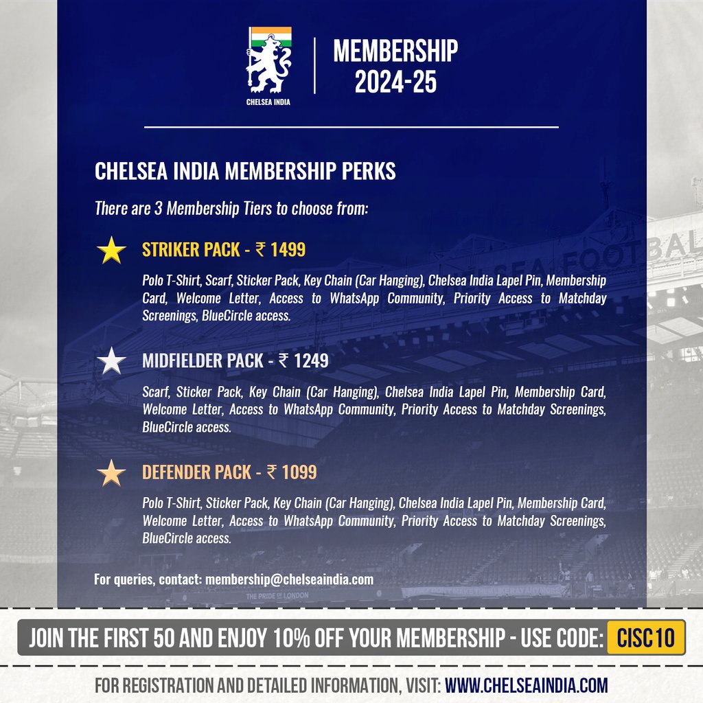 ChelseaIndia's tweet photo. The Chelsea India Membership is now LIVE! 💙

Blues, choose from three exclusive memberships, each packed with exciting benefits tailored just for you. Don't miss out on being part of India’s Blue Army Family 🇮🇳

Buy yours now at https://t.co/aZ5ygRNZPJ

#ChelseaIndia #ChelseaIndiaMembership