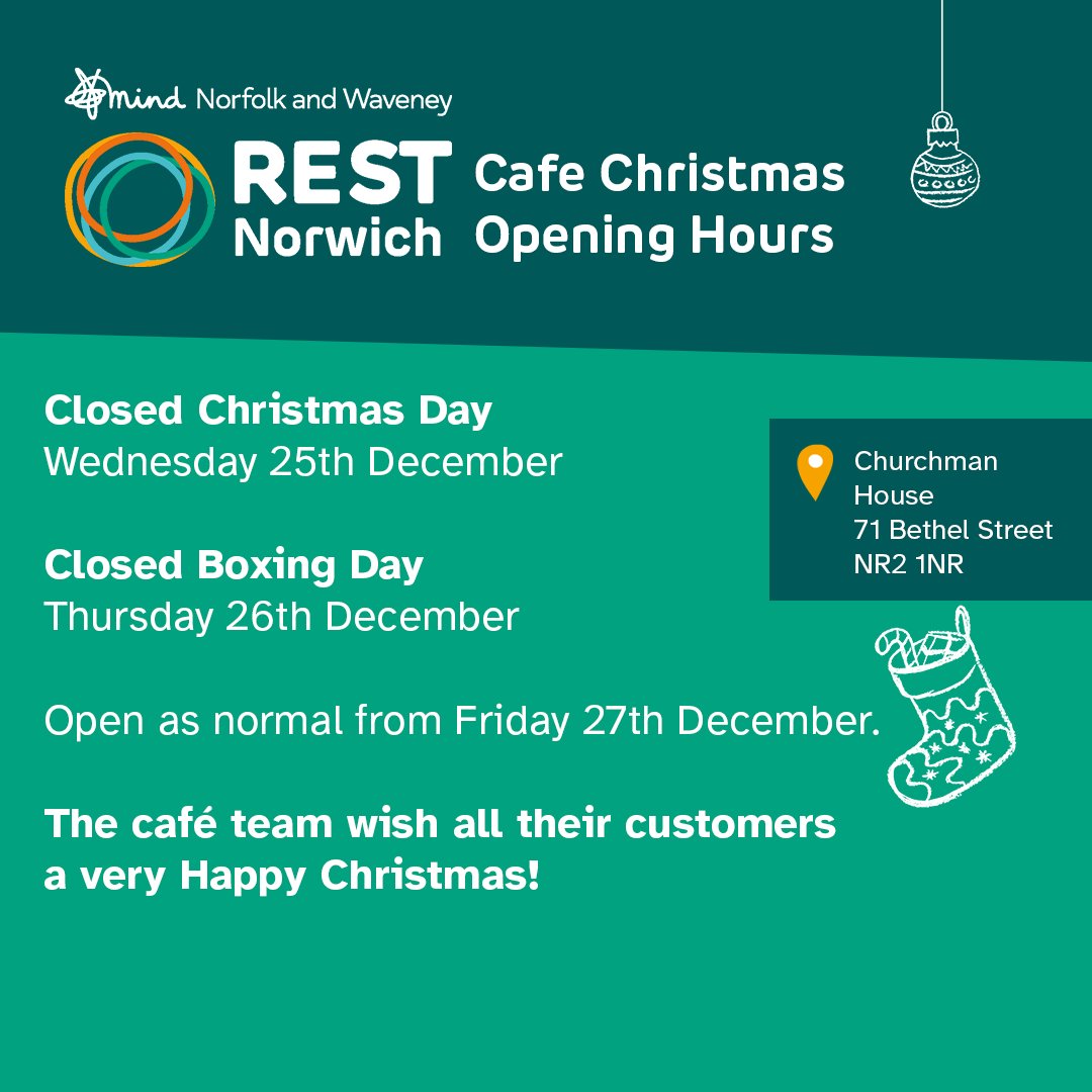Our REST Norwich Café will be closed on Christmas Day and Boxing Day, usual hours will resume on Friday 27th December.

The café team wish all of their customers a very Happy Christmas!