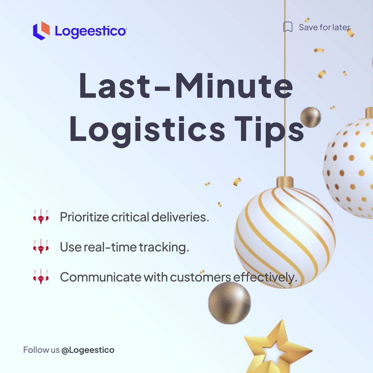 logeestico's tweet photo. 🎄 It’s crunch time!
3 last-minute tips for your holiday logistics:
1️⃣ Prioritize critical deliveries.
2️⃣ Use real-time tracking.
3️⃣ Keep customers updated.

Finish the season strong with Logeestico! 🚛
✨ Join the waitlist today. 
Link in bio

#HolidayLogistics #LogeesticoReady https://t.co/k9ibKZAmKu