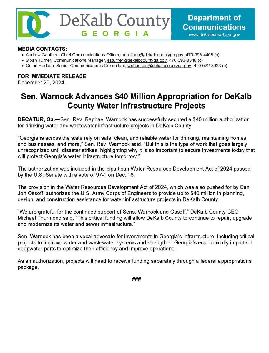Sen. Warnock Advances $40 Million Appropriation for DeKalb County Water Infrastructure Projects