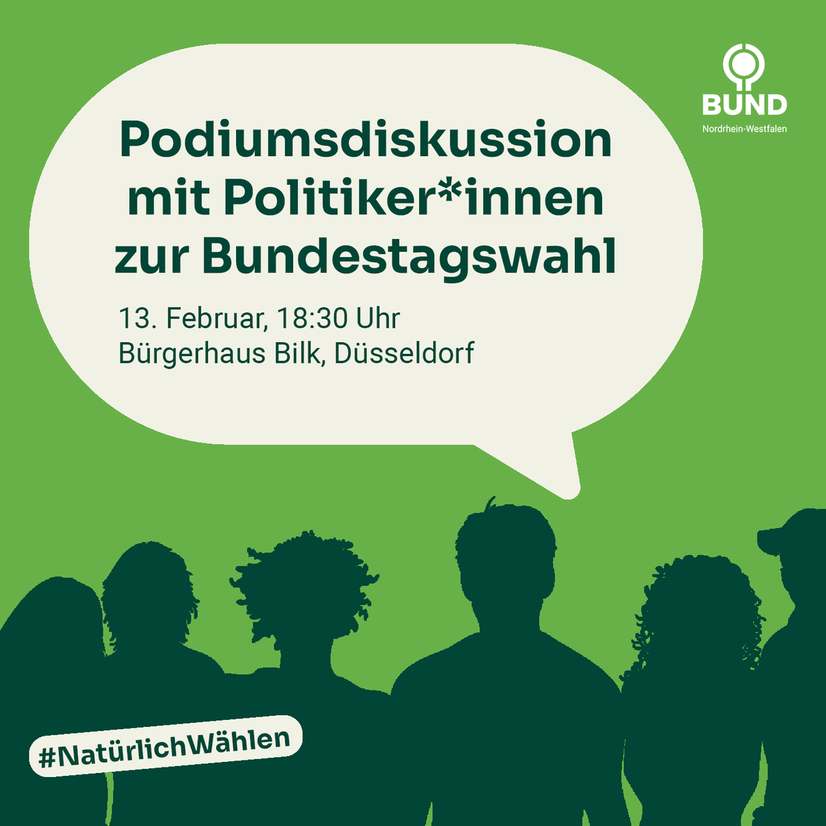 Am 13. Februar ist der Vorabend des Klimastreiks. Wir nutzen den Anlass und laden die NRW-Spitzenkandidat*innen der demokratischen Parteien zur Bundestagswahl zu einer Podiumsdiskussion ein.
Alle Informationen findet ihr hier:
bund-nrw.de/btw25

#natürlichwählen