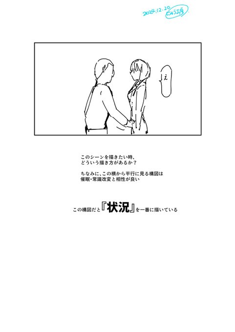 同じシーンでも描き方が4パターンくらい
あるよという話。

これを意識して使えば、色んな構図が描けてワンパターンにならないから、とても漫画っぽくなるぞ 