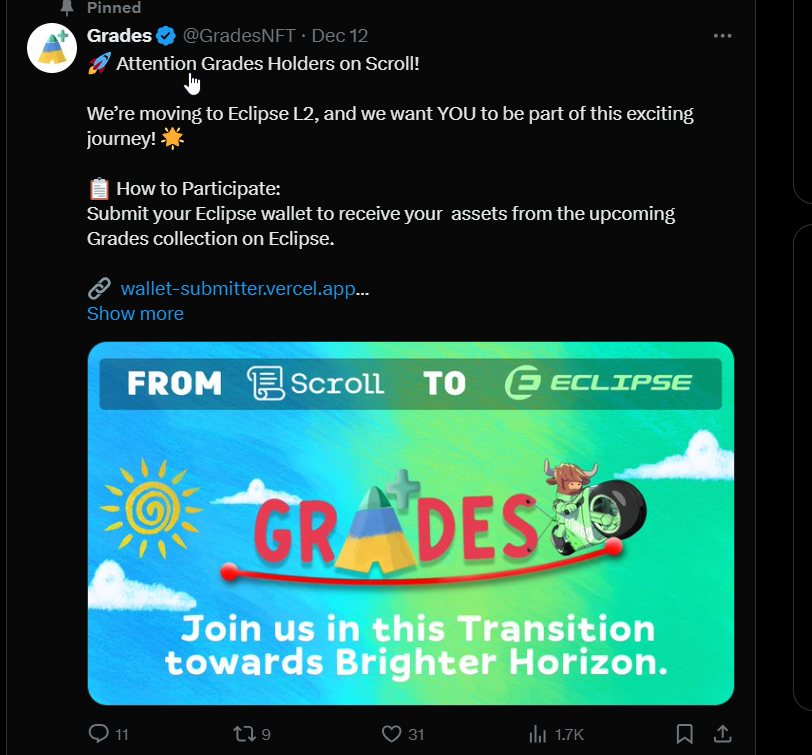 So <a href="/GradesNFT/">Grades</a> are moving from Scroll to Eclipse

• And we'll be recieving our Grades from the new collection on Eclipse

• If you're a holder submit your Eclipse wallet here wallet-submitter.vercel.app

• And yes stakers are included too, just submit your wallet