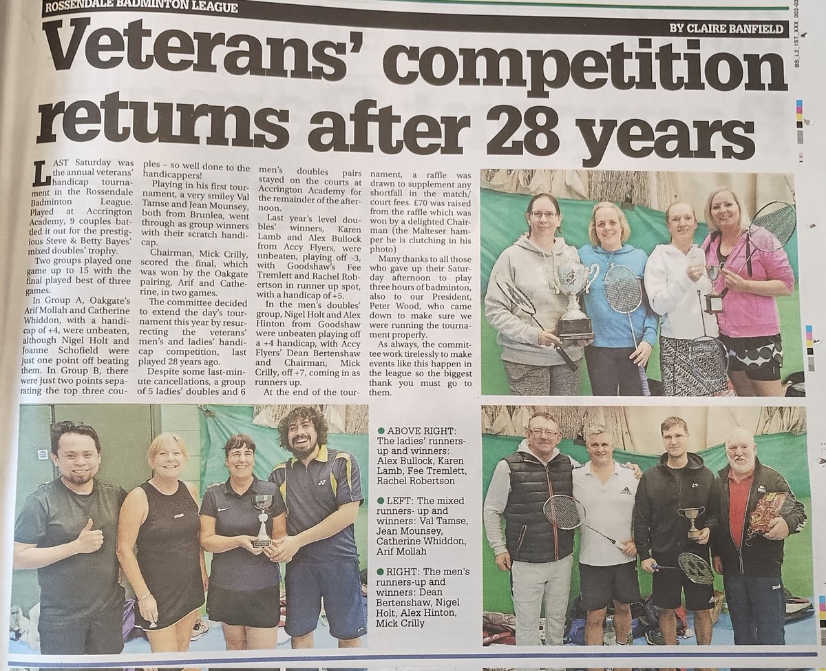 BDBadders's tweet photo. End of year Veterans' tournament #rossendale #badminton Thanks for the coverage @RossFreePress @ActiveLancs @BadmintonEnglnd @sported_UK @BBCLancashire @BBladet @AmazingAccy @acc_academy https://t.co/LR20VjuN93