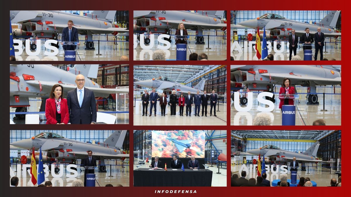 Infodefensa's tweet photo. 🔴#Defensa | #España firma la compra de 25 cazas @Eurofighter por 4.000 millones para reemplazar a los F-18M de Torrejón y Zaragoza desde 2030 ✈️. La firma tuvo lugar en @Airbus Getafe, con Margarita Robles, ministra del @Defensagob y #Netma 👉🏼 https://t.co/xnSWieUYil 🛡️ https://t.co/VU2AAqNZsh