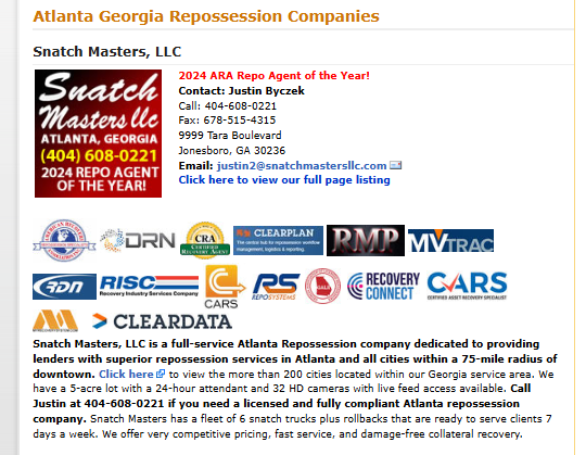 TajLong's tweet photo. Good Morning, This morning, my Repossession Agency Spotlight is on: ***SNATCH MASTERS LLC  404-608-0221***an ATLANTA, GEORIGIA-based REPOSSESSION AGENCY covering Atlanta and nearby cities. Taj Told You on the Top-Ranking Repo Directory! https://t.co/olzkwoQY6h