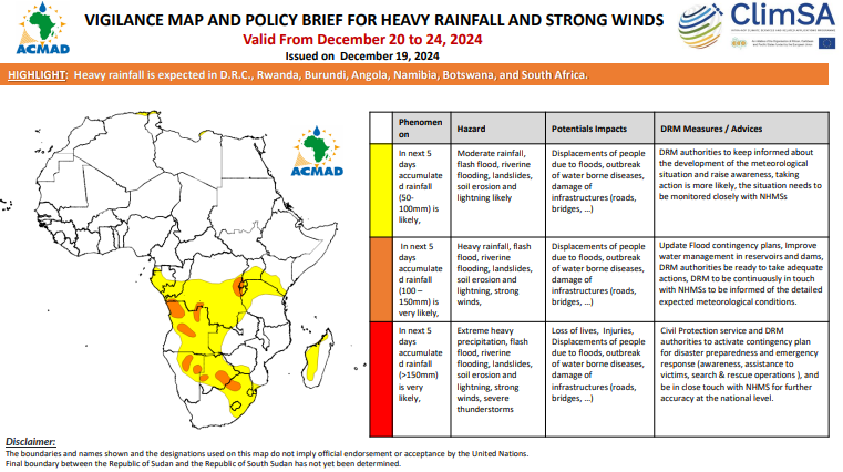 ACMAD_org's tweet photo. ℹ️5-Days #Heavyrainfall forecast (20-24 Dec,2024)
⛈️Heavy rainfall(100-150mm) is very likely in #Rwanda, #Burundi, #Eswatini, northern #Algeria and #Tunisia, #DRC, #Angola, #Botswana, #Namibia and #SouthAfrica.
Details👉https://t.co/9LiWsZm850
#MultiHazards #Africa #Forecast https://t.co/j8fCtLepvC