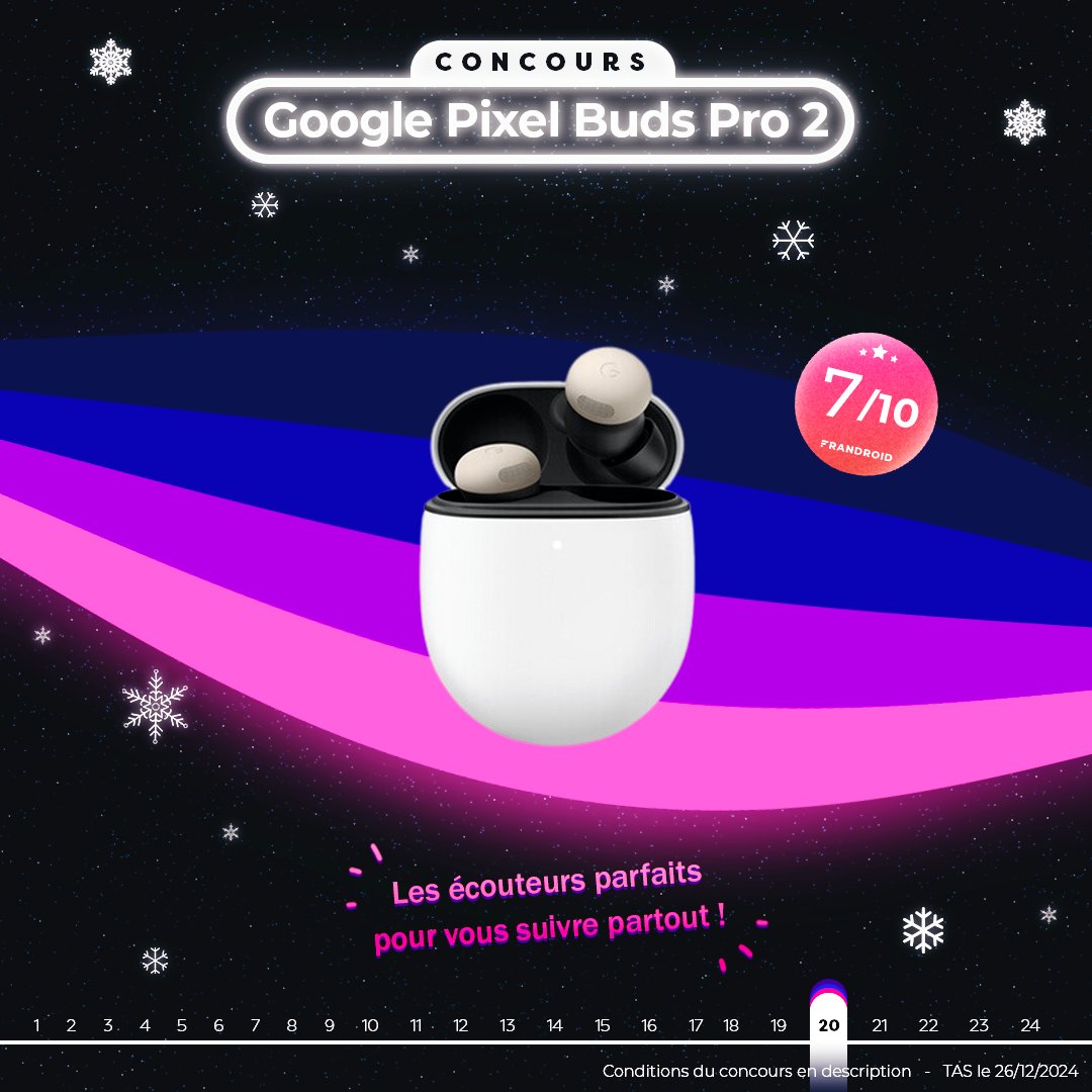 Frandroid's tweet image. #CONCOURS JOUR 20🎄
 
Gagnez des écouteurs Pixel Buds Pro 2 !✨
Pour participer : 
▶️ Tweet #FrandroidOffreMoi + des écouteurs Sony + @SonyFrance 
▶️ RT + Like
▶️ Follow  @Frandroid + @SonyFrance