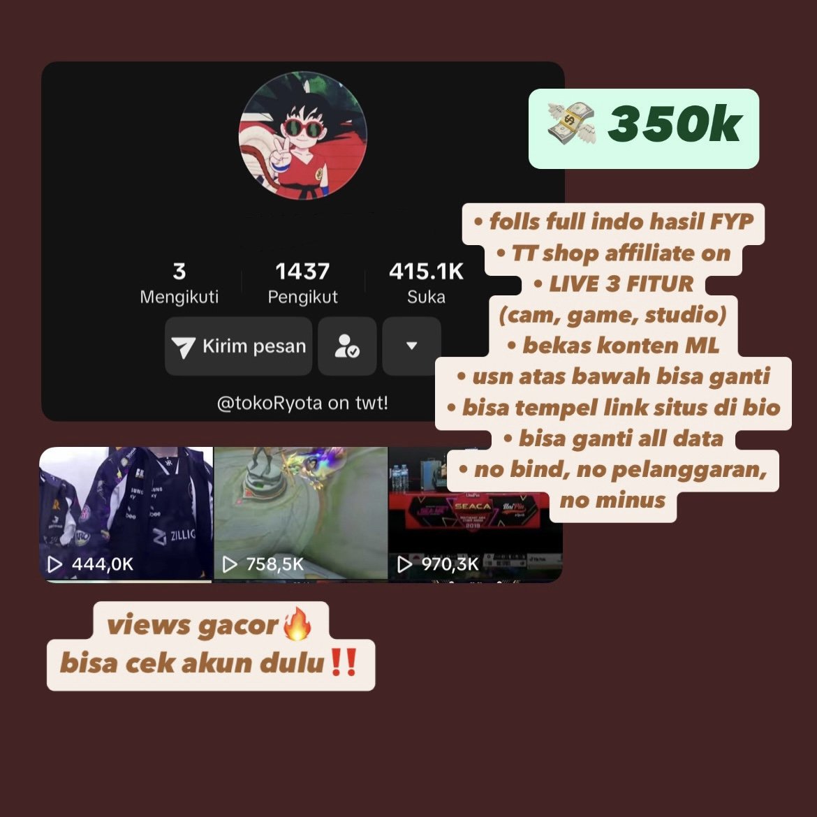 yukkk kalo ada yang minatt, views nya gacorr

☎️ order : wa.me/6289507164570
testi : tiny.cc/Ryotaproof

. wts wtb jual beli acc tiktok need akun tt tiktok murah recehan akun folls gede likes banyak #zonauang