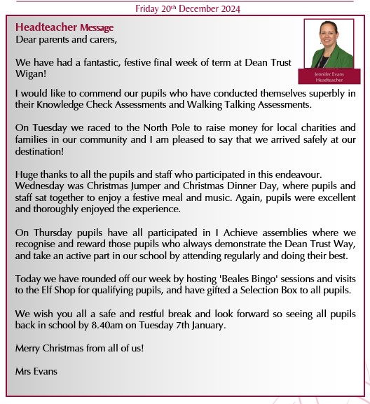 Click here to read the final Dean Trust Wigan newsletter of 2024. We look forward to welcoming you all back to school on Tuesday 7th January 2025. Wishing all our pupils and their families a restful festive break. deantrustwigan.co.uk/wp-content/upl…