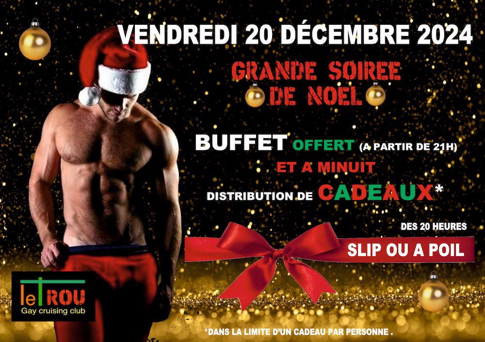C’est le jour J de  la grande soirée de Noel 2024 
Rdv A partir de 20H pour le buffet de fêtes et a partir de minuit distribution de cadeaux. Bonne chance 

ATTENTION ⚠️ POUR LA MISE EN PLACE DE LA SOIRÉE LE TROU SERA FERMÉ ENTRE 19H et 20H
Merci pour votre compréhension.
