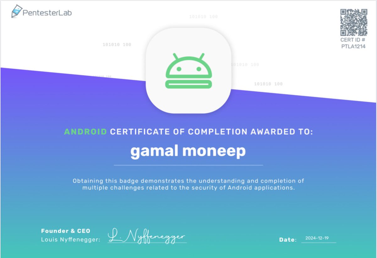 ZMoneep's tweet image. just finished @PentesterLab Android Badge .
#reverse_engineering #androidPentesting #mobileHacking #AppSec #PenetrationTesting #RedTeam #applicationSecurity #OffensiveSecurity