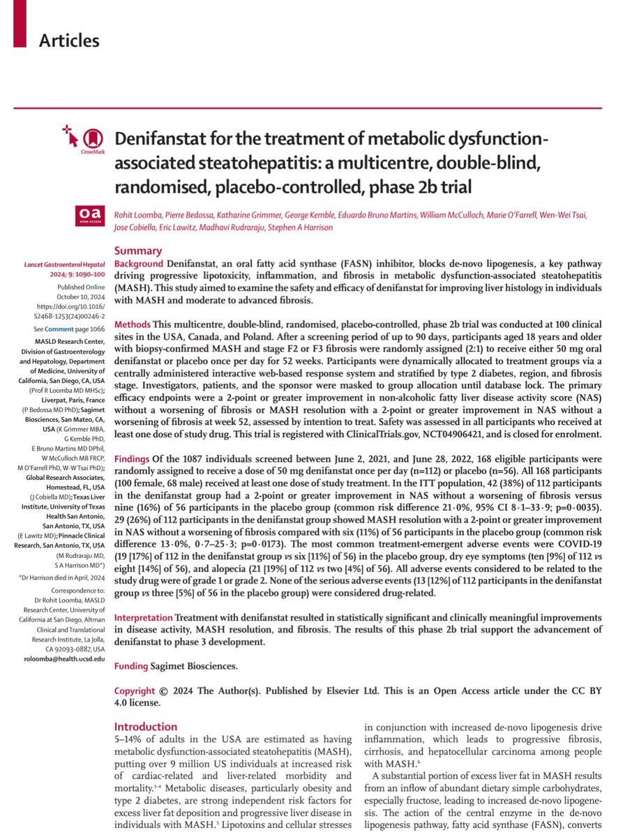 The FASCINATE-2 trial: The effects of fatty acid synthase inhibitor #denifanstat targeting de-novo lipogenesis pathways to treat #MASLD.
thelancet.com/journals/langa…