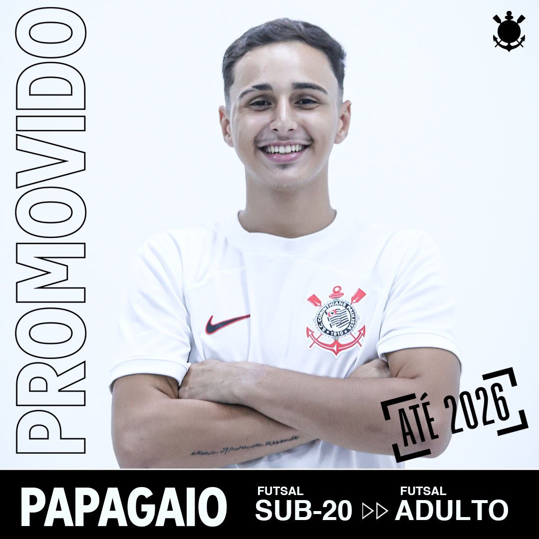 corinthiansftsl's tweet photo. PROMOVIDO! ⬆️⚫⚪

O #CorinthiansFutsal anuncia que o atleta Papagaio, do time sub-20, foi promovido para o futsal adulto, com contrato até 2026!

#VaiCorinthians https://t.co/znkzqanR2V