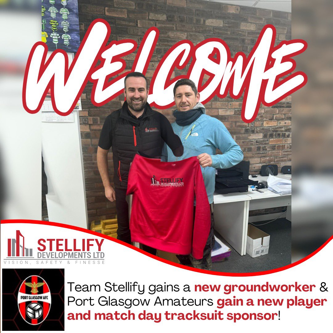 portglasgowafc's tweet photo. 🚨 Double signing alert! 🚨

Jamie McKenna joins Port Glasgow Amateurs as a new player and becomes part of the Stellify team! ⚽

We’re also proud to be the new matchday tracksuit sponsor for Port Glasgow Amateurs, supporting the team both on and off the pitch. https://t.co/s6D2Ofv9u6