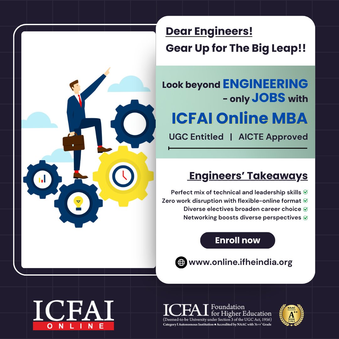 IcfaiOnline's tweet image. Dear Engineers! Gear Up for The Big Leap!!
Look beyond engineering-only jobs with ICFAI Online MBA.

Gear up: online.ifheindia.org

#BeyondEngineering #ICFAIMBA #OnlineMBA #UpskillYourself #CareerGrowth #icfai #ManagementRoles #LeadershipSkills #onlinuniversity #icfaionlinmba