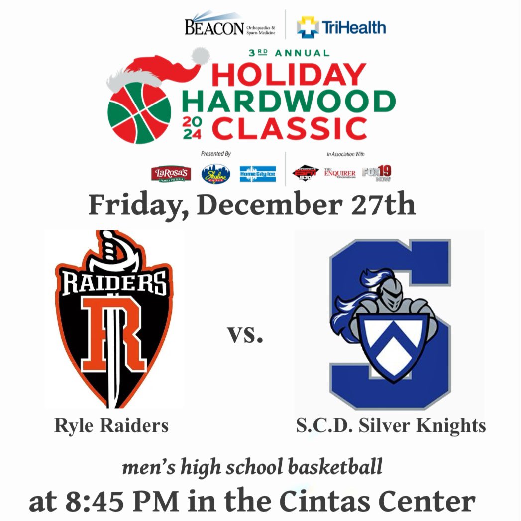 Holiday Hardwood Classic (@holidayhardwood) on Twitter photo Come to the Friday (12/27) 8:45 PM game featuring the Ryle Raiders and the Summit Country Day Silver Knights at the 3rd annual Holiday Hardwood Classic! <a href="/RyleRaiderbball/">Ryle Boys Basketball</a> <a href="/RyleAthletics/">Ryle High School Athletics</a> <a href="/ryleraiders/">Larry A. Ryle HS</a> <a href="/SCD_Basketball/">Summit Country Day Basketball</a> <a href="/SummitCDS/">Summit Country Day</a> <a href="/BeaconOrtho/">Beacon Orthopaedics</a> <a href="/TriHealth/">TriHealth</a> <a href="/LaRosasPizza/">LaRosa's Pizzeria</a> Come to the Friday (12/27) 8:45 PM game featuring the Ryle Raiders and the Summit Country Day Silver Knights at the 3rd annual Holiday Hardwood Classic! <a href="/RyleRaiderbball/">Ryle Boys Basketball</a> <a href="/RyleAthletics/">Ryle High School Athletics</a> <a href="/ryleraiders/">Larry A. Ryle HS</a> <a href="/SCD_Basketball/">Summit Country Day Basketball</a> <a href="/SummitCDS/">Summit Country Day</a> <a href="/BeaconOrtho/">Beacon Orthopaedics</a> <a href="/TriHealth/">TriHealth</a> <a href="/LaRosasPizza/">LaRosa's Pizzeria</a>