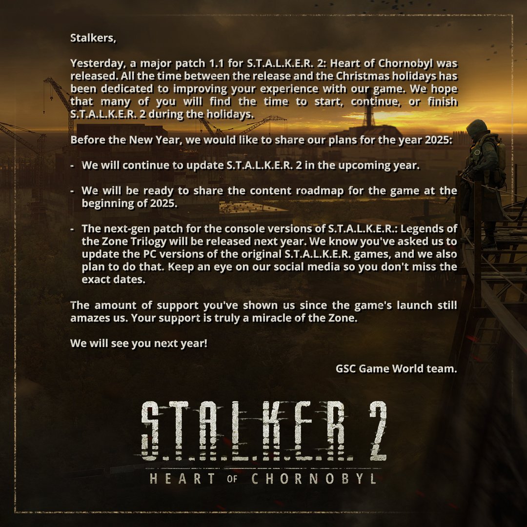 stalker_thegame's tweet photo. The еnd of the year message from the GSC Game World team about plans for 2025. https://t.co/vxzNWXIocc