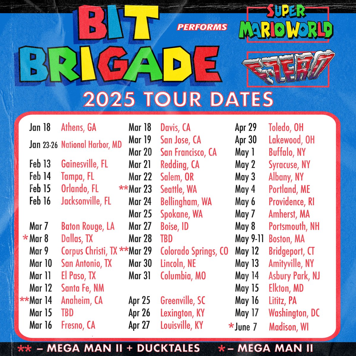 2025 Tours announcement!
Tickets available right now through bitbrigade.net/tour.html

We’ve added a run to the west coast in March and an east coast/midwest run in April/May.
Very excited to be heading back to PAX East on May 9-11 as well!