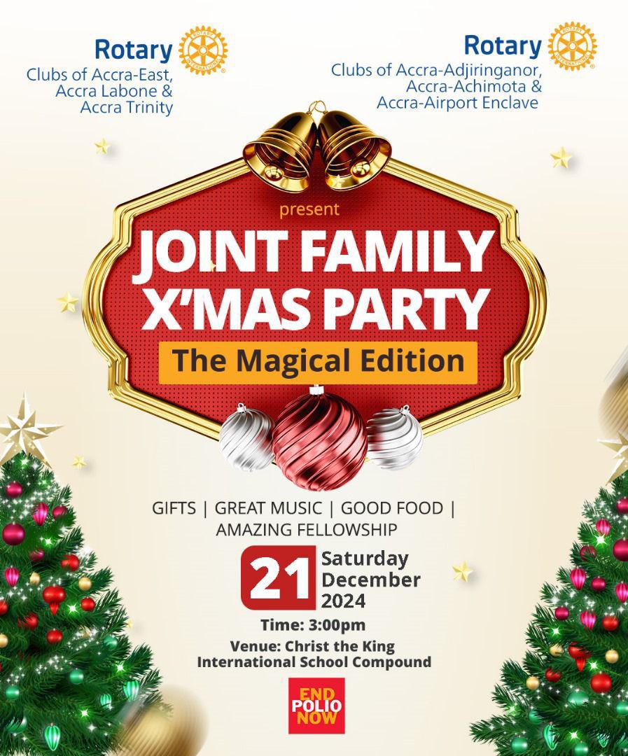 REnclave91746's tweet photo. The Rotary Clubs of Accra-East, Labone, Trinity, Accra Adjiringanor, Achimota &amp; Airport Enclave present the Joint Family X’mas Party – The Magical Edition!

Saturday, Dec 21, 2024
3:00 PM
Christ the King Int. School

Music, Gifts, Food, Games, Fellowship

#MagicOfRotary https://t.co/qmJMvhB271