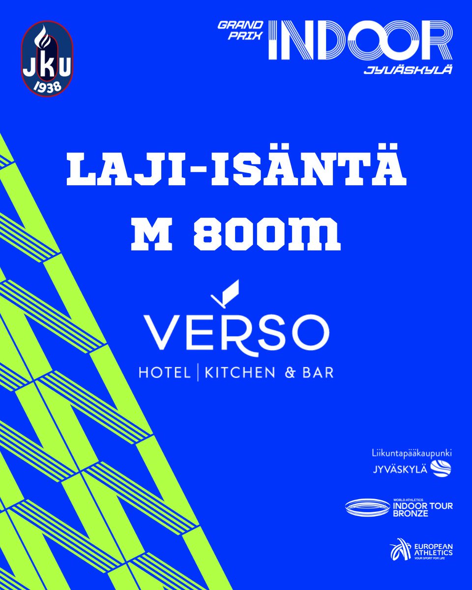 Ekat lajijulkaisut GP JI:stä kehiin:

Rooman EM-finalisti Ole Jacob Solby starttaa GP Jyväskylä Indoorin 800 metrille! 1.45,55 ennätys laittaa Hipposhallin 800m kenttäennätyksen vaaraan. 💪 

Liput tapahtumaan: events.liveto.io/events/gp-jyva… 

#gpjyväskyläindoor #yleisurheilu