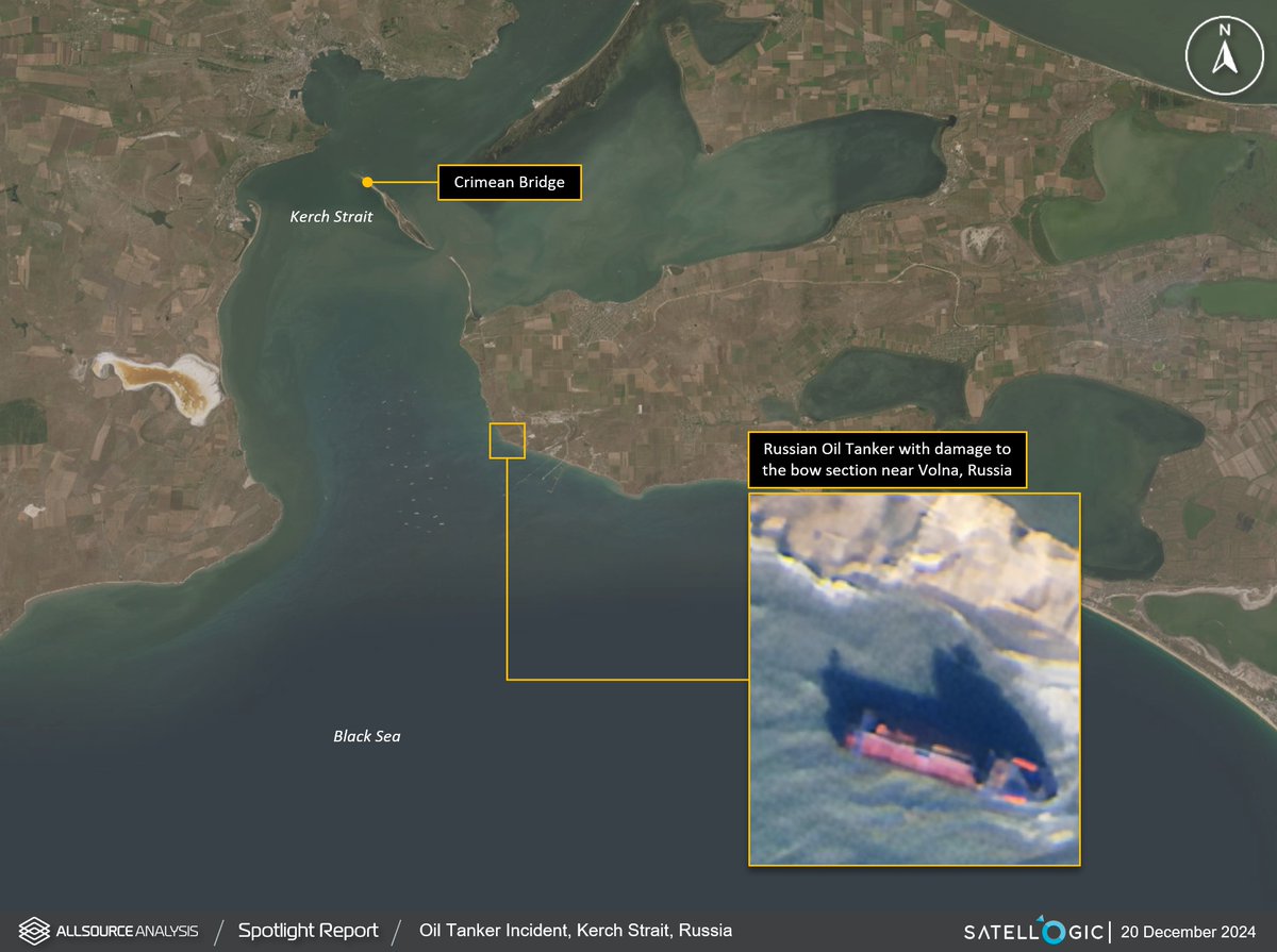 AllSourceA's tweet photo. Analysis of GEOINT on 20 December 2024 shows a damaged oil tanker washed ashore near Volna, Russia after a maritime incident. https://t.co/epfzHD4aZI
Spotlight Report - Critical intelligence delivered to your inbox
https://t.co/41rBw545Cn
#GEOINT #SpotlightReport #KerchStrait https://t.co/l5nnjngiKr