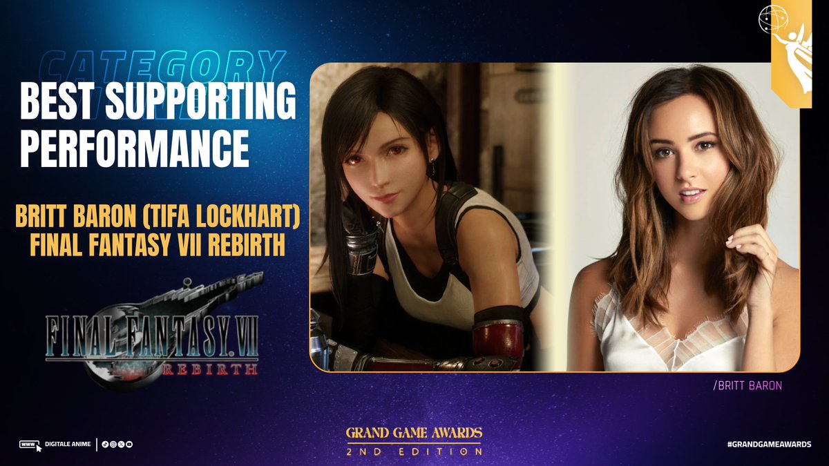 grandgameawards's tweet photo. Congratulations to @brittbaron  for winning Best Supporting Performance at the Grand Game Awards 2024
 @SquareEnix  @PlayStation  @finalfantasyvii https://t.co/lDLR1LODno
