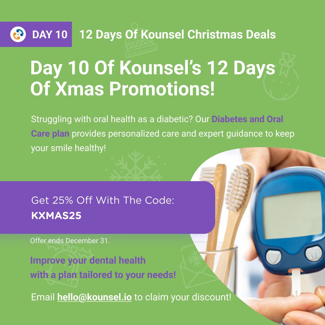 kounsel's tweet photo. 🎄 Day 10 of Kounsel’s 12 Days of Christmas Deals! 🎄

🌟 Diabetes can lead to oral health issues like gum disease and dry mouth. Our Diabetes and Oral Care plan provides a customized approach to help you manage these challenges effectively.

👉 https://t.co/c9LIn45qba https://t.co/AyzfCurURI