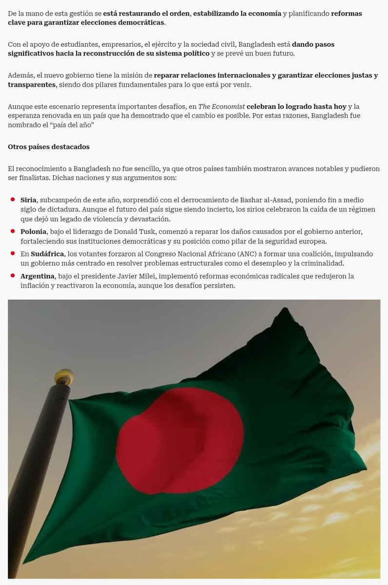 PabloJAboga's tweet photo. #Argentina finalista como #PaísDelAño2024 según la revista @TheEconomist, por supuesto que gracias a las impresionantes reformas de @JMilei.
Ganó #Bangladesh. https://t.co/D7hzc9cEvC