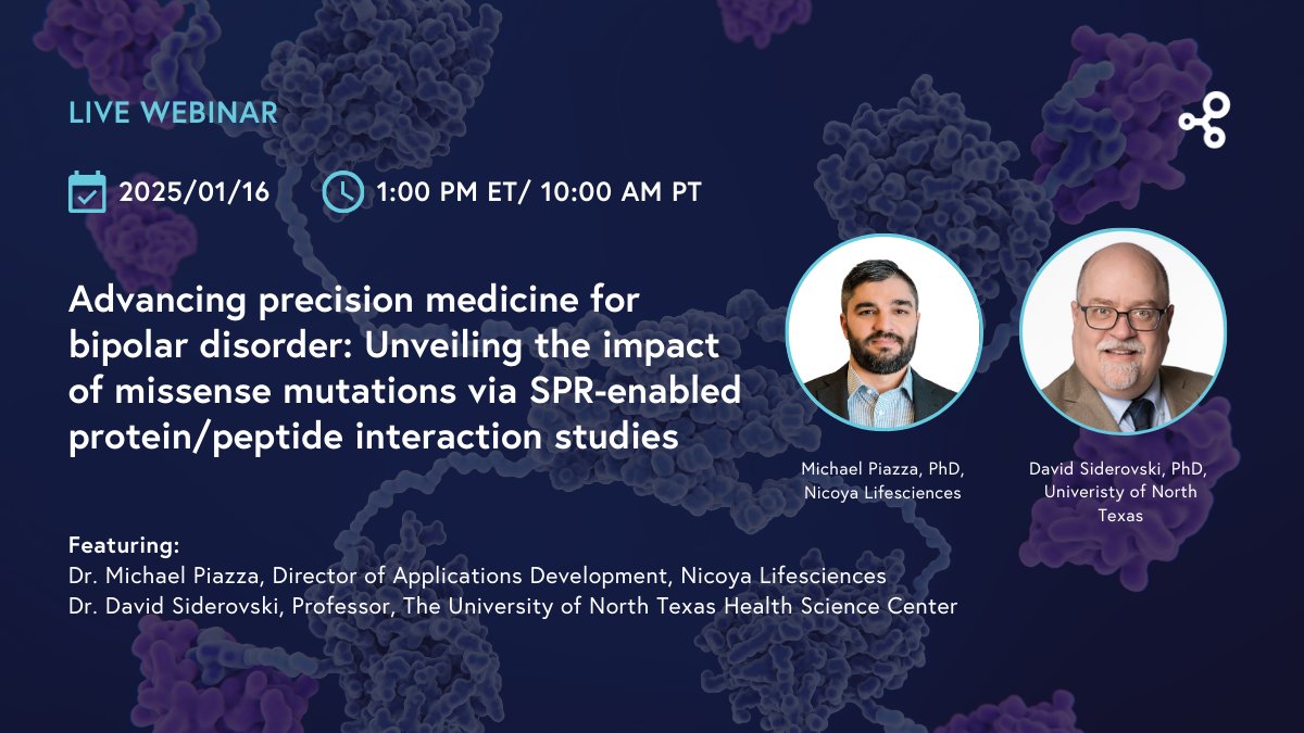 Nicoya (@nicoya_life) on Twitter photo Join us on Jan 16th for our #webinar, “Advancing precision medicine for bipolar disorder: Unveiling the impact of missense mutations via #SPR,” featuring Dr. Michael Piazza from Nicoya and Dr. David Siderovski, from <a href="/UNTHSC/">HSC Fort Worth</a>.
Secure your spot today 👉 nicoyalife.com/advancing-prec… Join us on Jan 16th for our #webinar, “Advancing precision medicine for bipolar disorder: Unveiling the impact of missense mutations via #SPR,” featuring Dr. Michael Piazza from Nicoya and Dr. David Siderovski, from <a href="/UNTHSC/">HSC Fort Worth</a>.
Secure your spot today 👉 nicoyalife.com/advancing-prec…