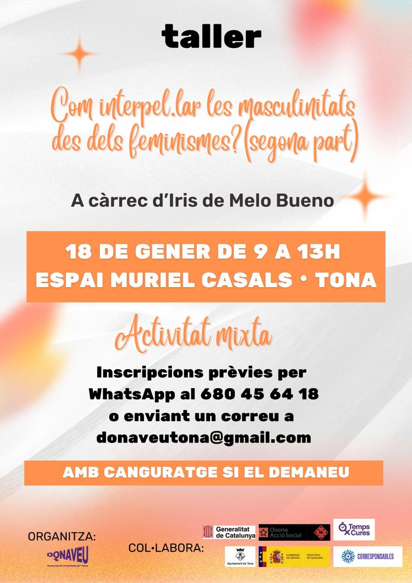 Farem un 2n taller per créixer en el feminisme. Serà conduit per l'Iris de Melo i ens treballarem amb dinàmiques grupals i reflexives. Serà mixta perque qualsevol canvi individual-social ens afecte a totes i a tots.  Reservat el 18 DE GENER!! Si el demanes hi haurà canguratge.