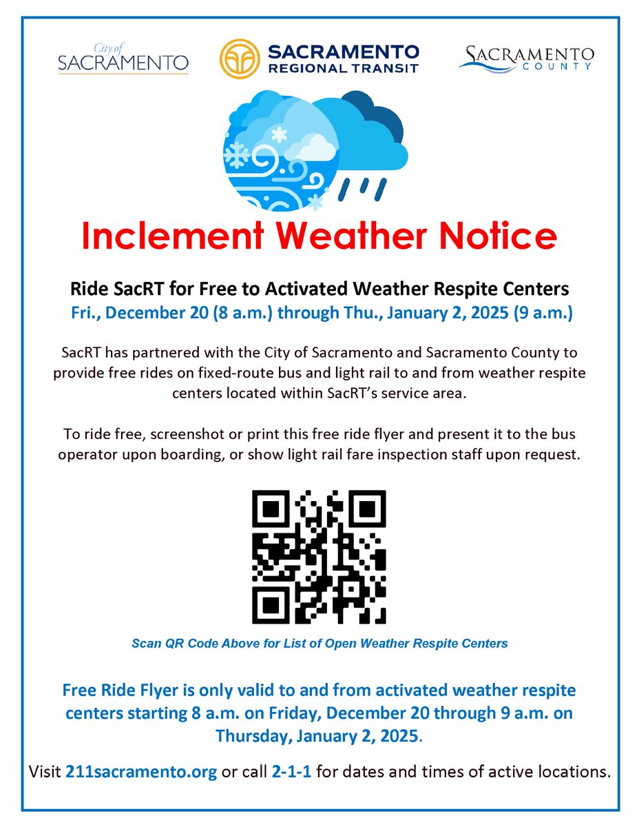 With the <a href="/NWSSacramento/">NWS Sacramento</a> forecasting consecutive days of rain, the City will activate the Outreach and Engagement Center and the North 5th Street Navigation Center as weather-respite centers.
 
Learn more: wp.me/p3ZwPQ-8Sk
