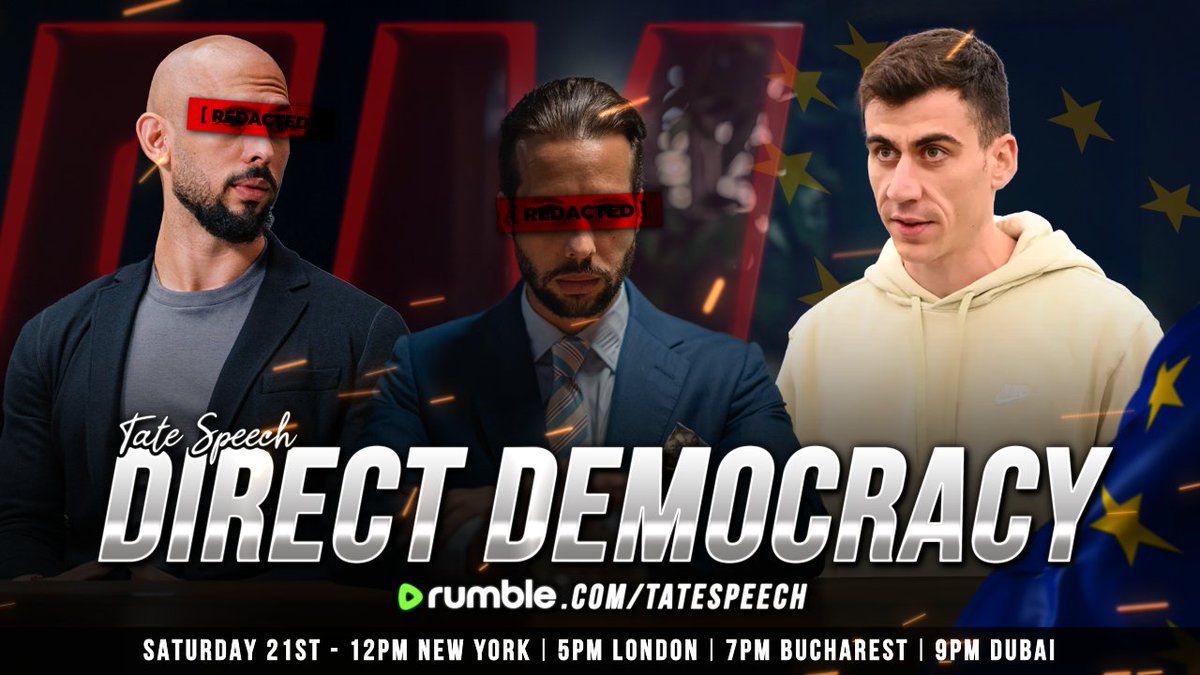 Cobratate's tweet photo. EMERGENCY MEETING - DIRECT DEMOCRACY

With special guest @Fidias0 

Tomorrow, December 21 at 7PM Universal Tate Time

Live on Rumble https://t.co/e6IV4g7GC8
