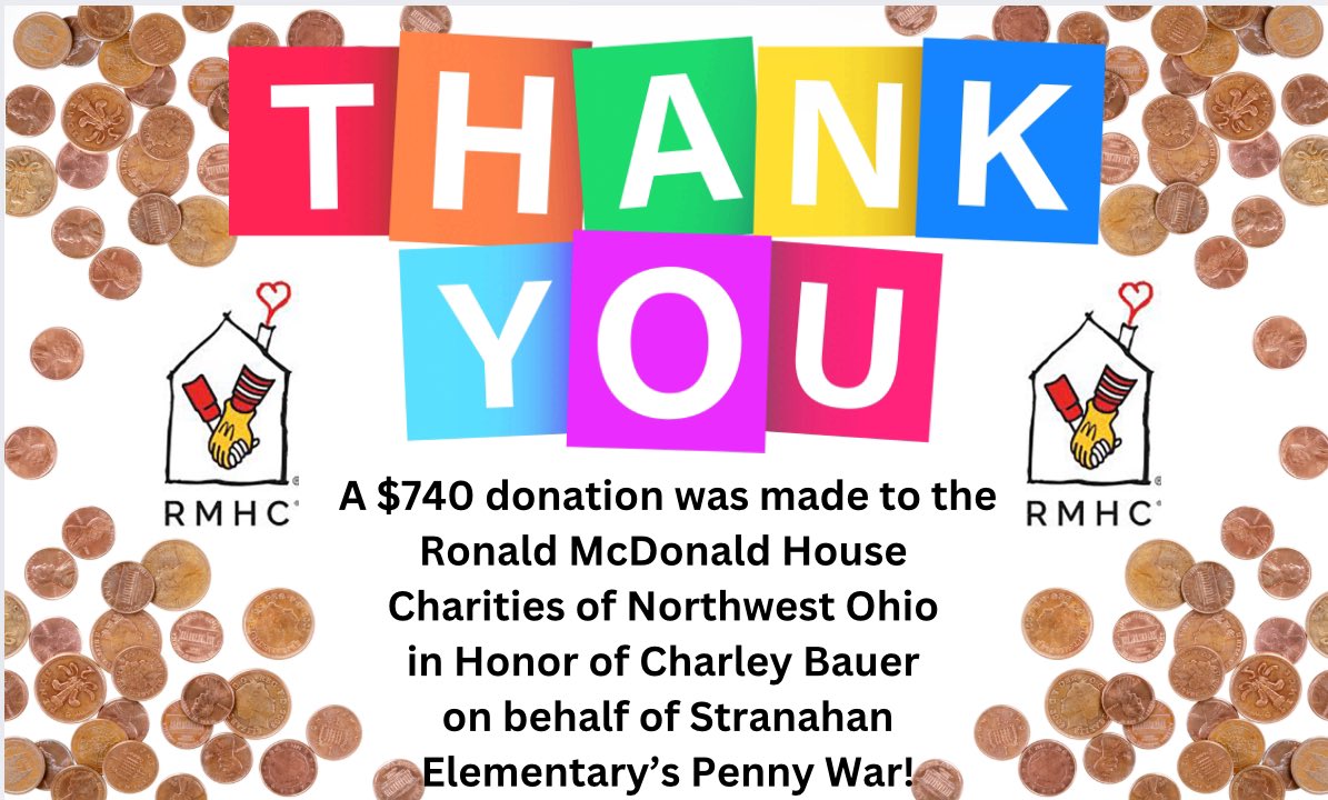 5thStranahan's tweet photo. Thank you Stranahan families for being so generous during our Penny War! 
You brought in $1,480! $740 will help offset the cost of 5th grade camp for our students in the fall! 🏕️ And $740 was donated to Ronald McDonald House Charities of NW OH in honor of Charley Bauer! 🤍 https://t.co/0X2KTl5LE9