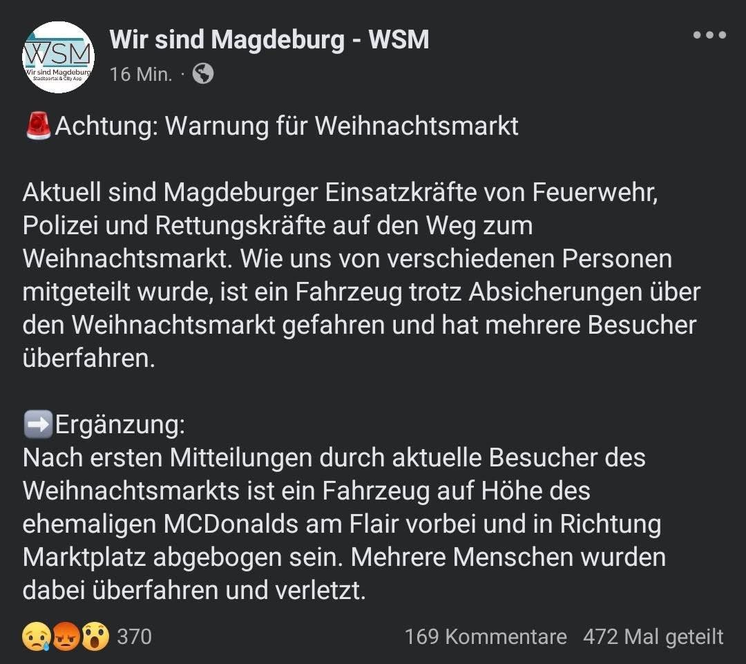matzesmeinung's tweet photo. Laut ersten Angaben soll es einen Verkehrsunfall mit mehreren Verletzten auf dem Weihnachtsmarkt in Magdeburg gegeben haben.
Auch ein Anschlag wird bisher nicht ausgeschlossen.
Edit: Verkehrsunfall? Na klar! 😒 https://t.co/w32vclEFw5