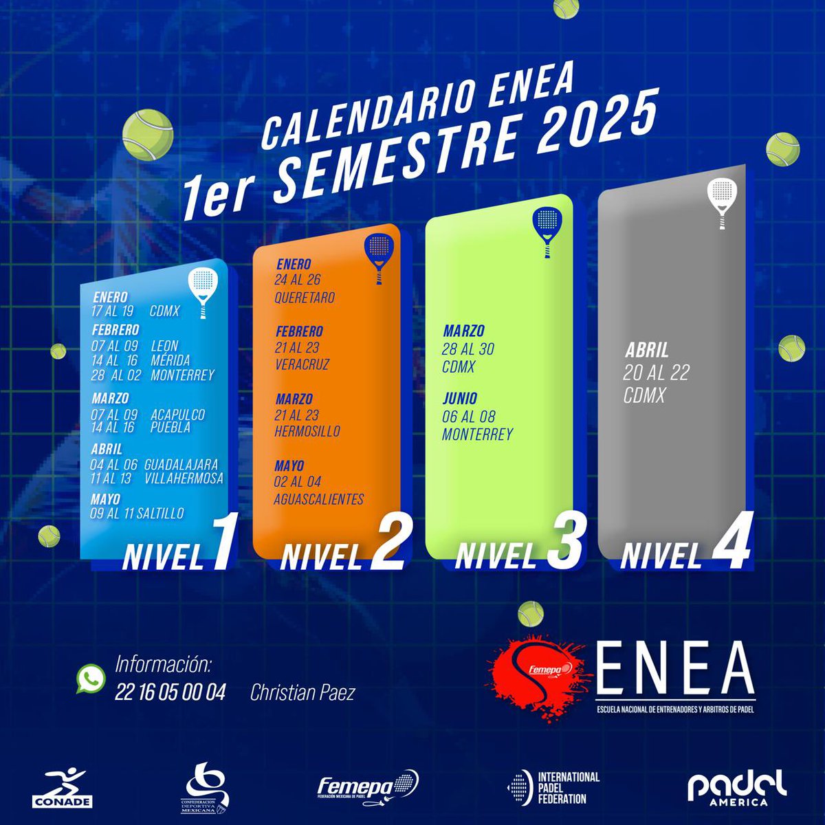 📅 CALENDARIO ENEA 2025 1er semestre (Escuela Nacional de entrenadores de padel) 

no te quedes fuera! 
.
#enea #femepa #padel #padelcoach