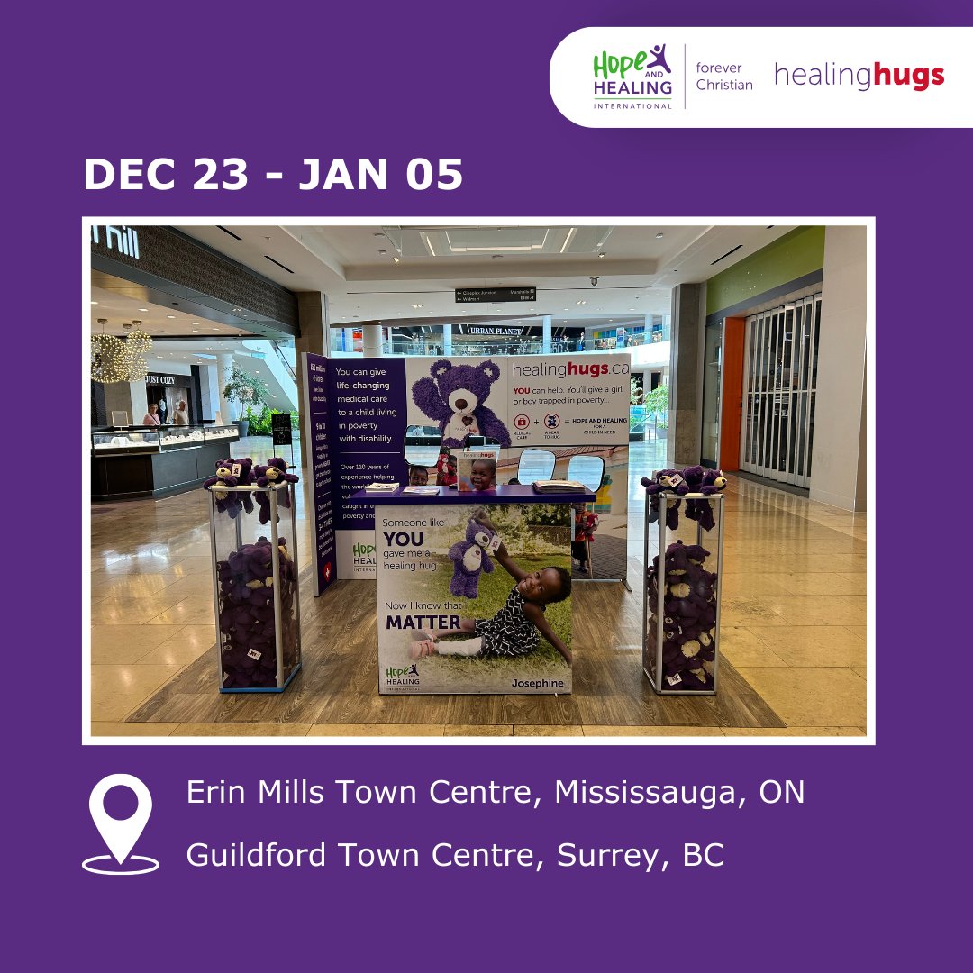 HopeHealingIntl's tweet image. This holiday, give the gift of a #healinghug! Visit us Dec 23–Jan 5 at Erin Mills Town Centre, Mississauga, ON or Guildford Town Centre, Surrey, BC to learn how you can transform a child’s life. Together, we can share hope and healing! #HopeandHealing #GiftOfHope
