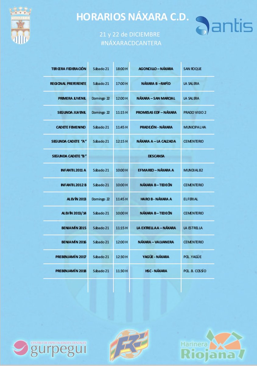⚽️ PARTIDOS NÁXARA C.D. ⚽️

Horarios del fin de semana 21 y 22 de Diciembre.

#AúpaNàxara #SoyDelNàxara