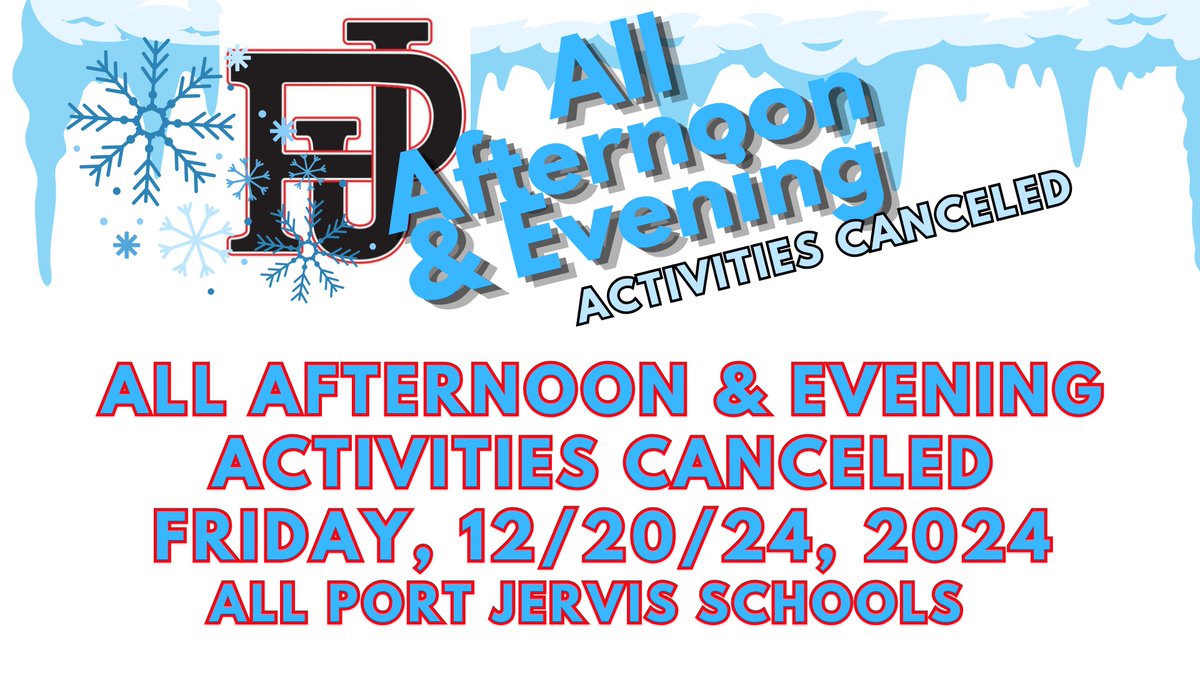 pjschools's tweet image. All after-school activities are canceled TODAY, Friday 12/20/24.  The DECA Christmas gathering at the PJ Youth Center is ON! Be safe all #GoPORT!