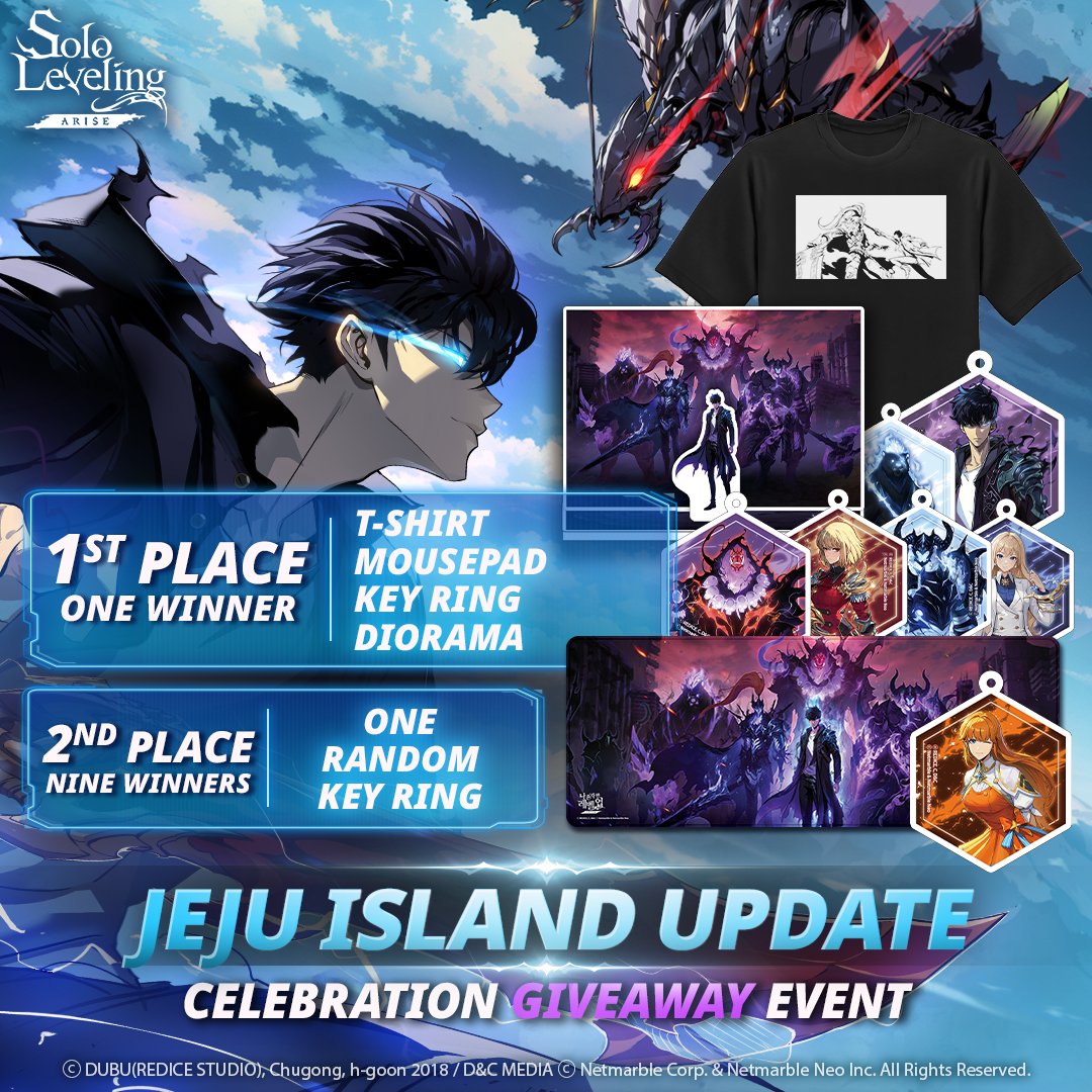 🐜Jeju Island Update Celebration Giveaway Event!🎁

The Jeju Island raid is here, and the ants are ready.
To celebrate, we are giving away more awesome Solo Leveling:ARISE swag!💝

💡How to Participate:
1. Follow the official Solo Leveling:ARISE X account
2. Like and share the