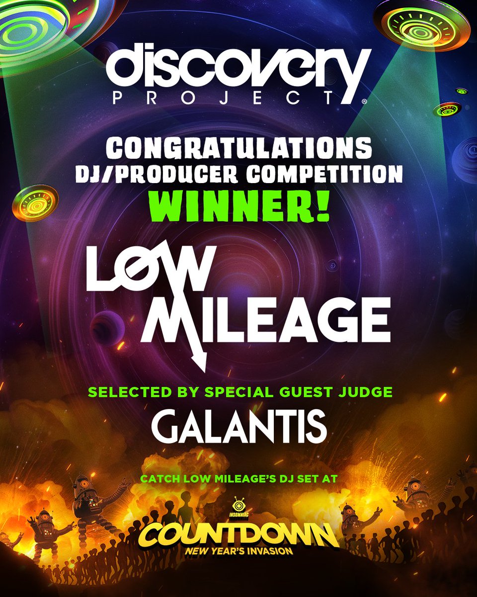 Discovery Project (@discoveryprjct) on Twitter photo Congratulations to our <a href="/countdown_nye/">Countdown NYE</a>, #DiscoveryProject winner, <a href="/lowmileagemusic/">LOW MILEAGE</a> ! 👽💥 Hand selected by this year’s guest judge, <a href="/wearegalantis/">Galantis</a>💚 🎶 Congratulations to our <a href="/countdown_nye/">Countdown NYE</a>, #DiscoveryProject winner, <a href="/lowmileagemusic/">LOW MILEAGE</a> ! 👽💥 Hand selected by this year’s guest judge, <a href="/wearegalantis/">Galantis</a>💚 🎶