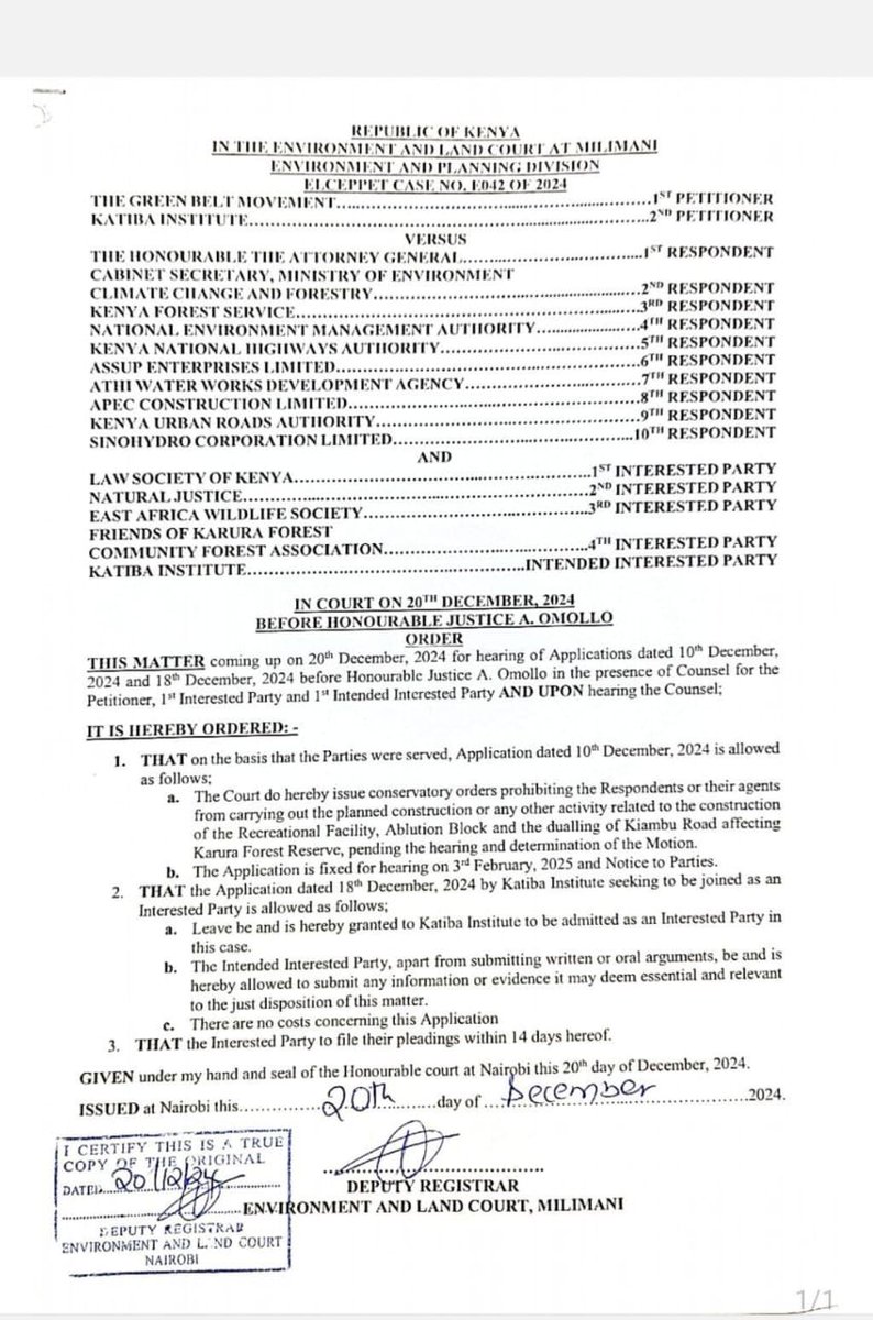 🥁🥁🥁A win for Karura Forest! 
Today, the Environment &amp; Land Court at Milimani issued conservatory orders to stop the excision of 51.64 acres of Karura Forest to expand Kiambu Road.  The case will be heard on 3rd Feb 2025. Let us keep fighting for our forests!  #SaveKarura 🌳