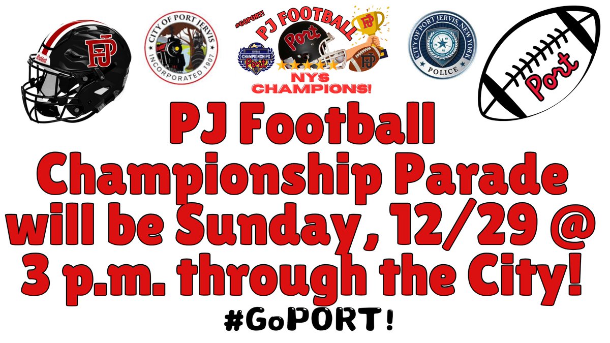 pjschools's tweet image. PJ Championship Parade--Sunday, December 29th, @ 3 p.m. through the City of Port Jervis! #GoPORT!
Congrats to our entire football program--current &amp;amp; past players &amp;amp; coaches! Thank you to all for helping celebrate &amp;amp; supPORT this event!
bit.ly/PJFootballCham…
