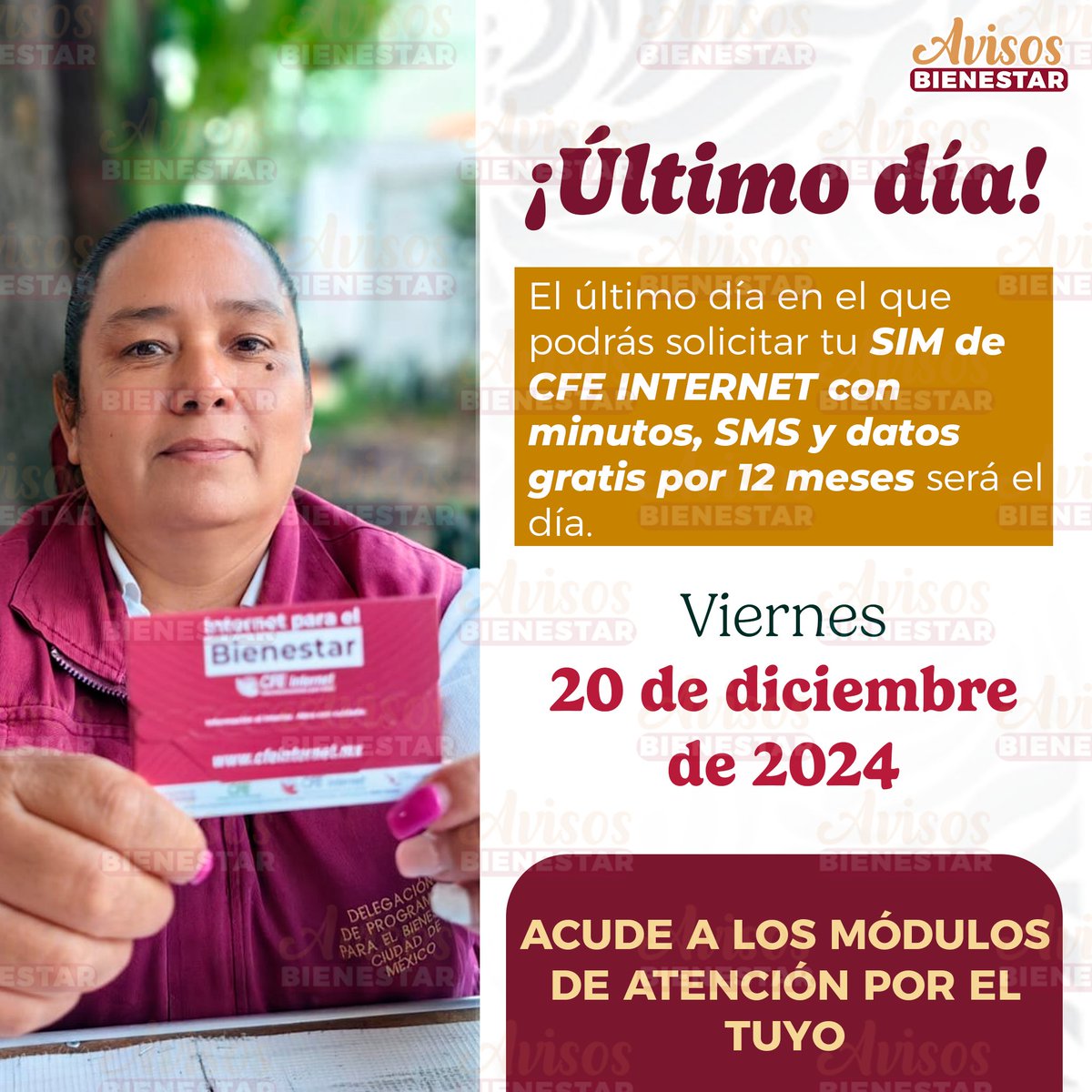 avisosbienestar's tweet photo. 🚨 ¡Última llamada para obtener tu SIM CFE Internet GRATIS! 🚨
Asegura tu conexión con #InternetParaTodos. 📡📱
📌 Trae Identificacion Oficial, comprobante de domicilio, y teléfono compatible.
📍 Menores: acta de nacimiento.
#CFEInternet #ConectividadParaElBienestar
Consulta disponibilidad en modulos del bienestar