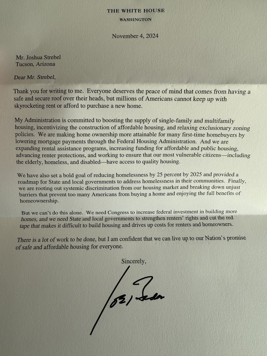 Your rad service <a href="/resistbot/">Resistbot</a> got me a response from <a href="/POTUS/">President Donald J. Trump</a>. Issue was hedge funds buying up single family homes.