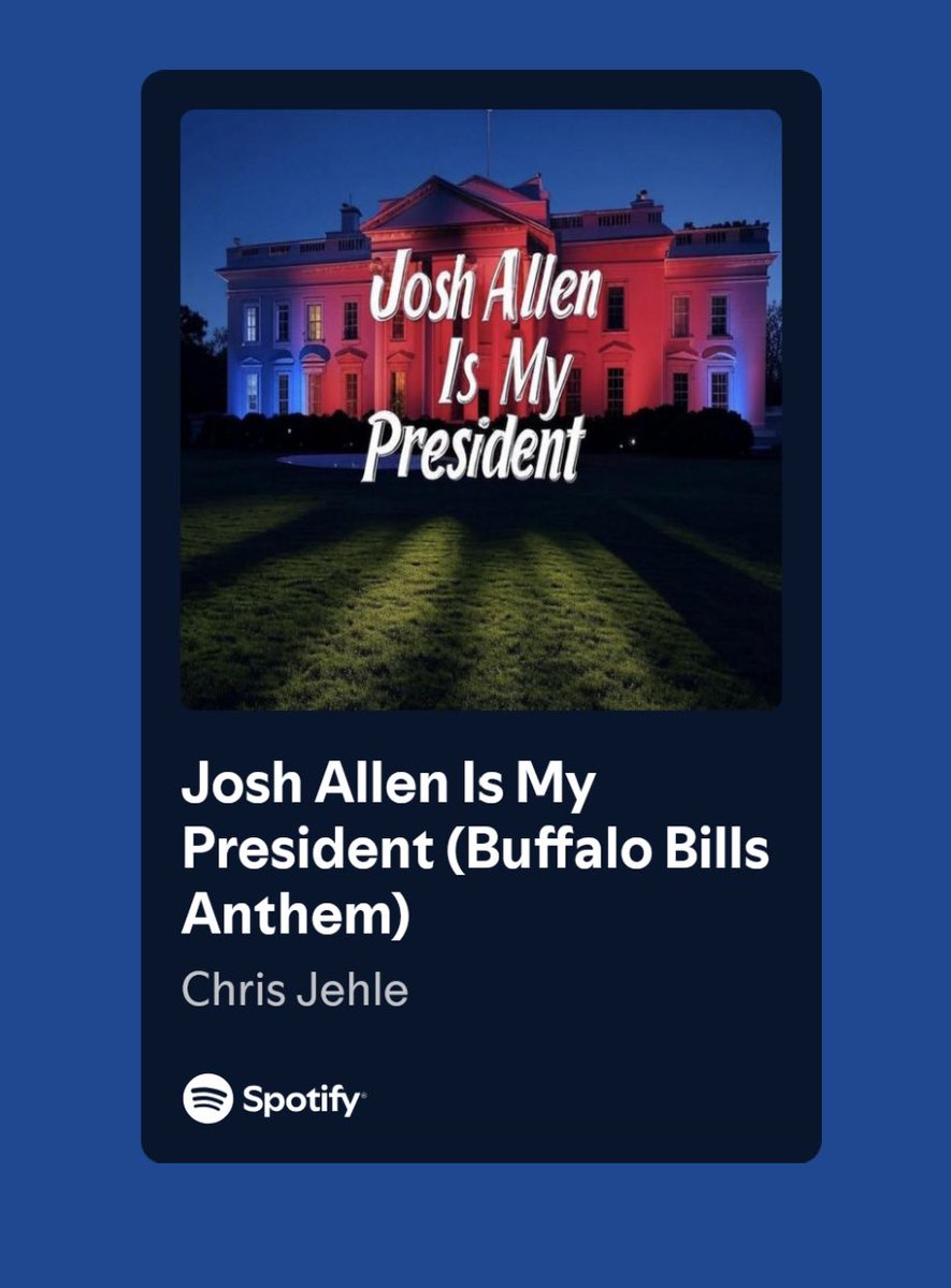 CJehle23's tweet photo. Early Christmas present for #BillsMafia 

"Josh Allen Is My President" is now available on Spotify, Apple Music and all streaming services. 

#GoBills https://t.co/sk3gTb6Dr4