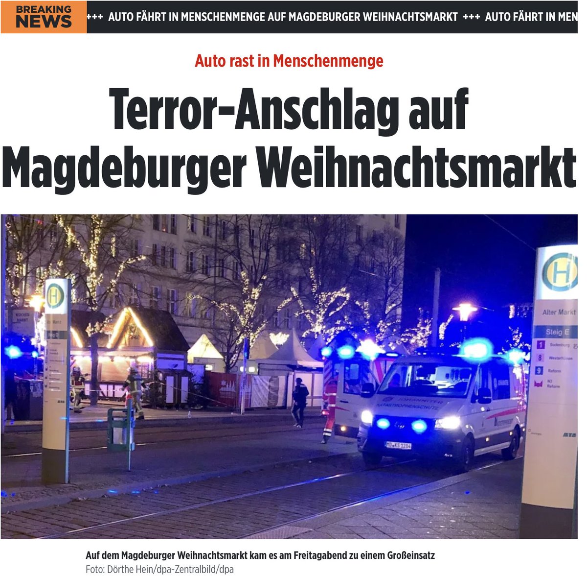 In #Magdeburg fährt ein Syrer mit dem Auto auf dem Weihnachtsmarkt Menschen tot. Ein furchtbarer Alptraum, von der Politik verantwortet, geduldet und immer aufs neue kleingeredet. Und JEDER TOTE, JEDER VERLETZTE GEHT AUCH AUFS KONTO DER VERHARMLOSER. 

🙏🙏🙏