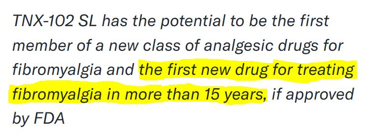 $TNXP ➡️"Tonix Pharmaceuticals Announces FDA Acceptance of the New Drug Application (NDA) for TNX-102 SL for Fibromyalgia"
💯#Biotechnology💎 #Fibromyalgia🔚💊
Focus on this statement $TNXP investors:👇
finance.yahoo.com/news/tonix-pha…