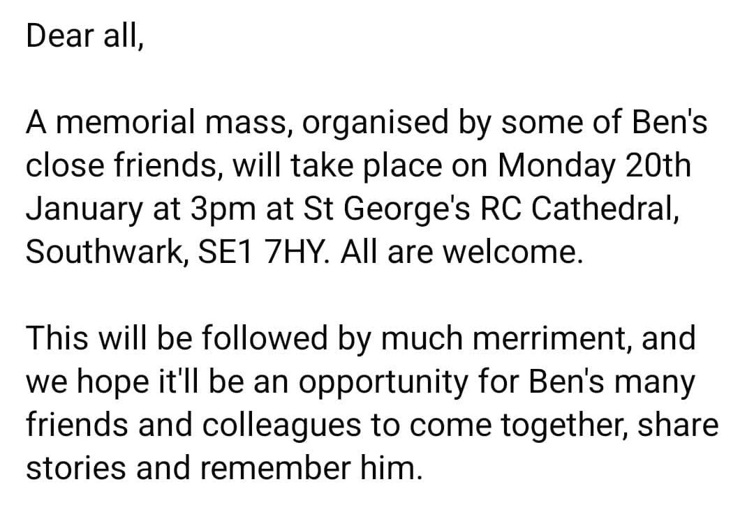 As many of you know, our music community unexpectedly lost the wonderful <a href="/BenThapa82/">Ben Thapa</a> this year.
Below are details of the planned memorial service in London. I hope to see some of you there. We will undoubtedly be singing loudly and wearing as many bright colours as possible.
H xx