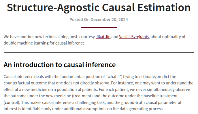 New blog post on causal inference and double machine learning, by Jikai Jin (<a href="/JikaiJin2002/">Jikai Jin</a>) and Vasilis Syrgkanis (<a href="/syrgkanis/">Vasilis Syrgkanis</a>)!

Link in next tweet 👇